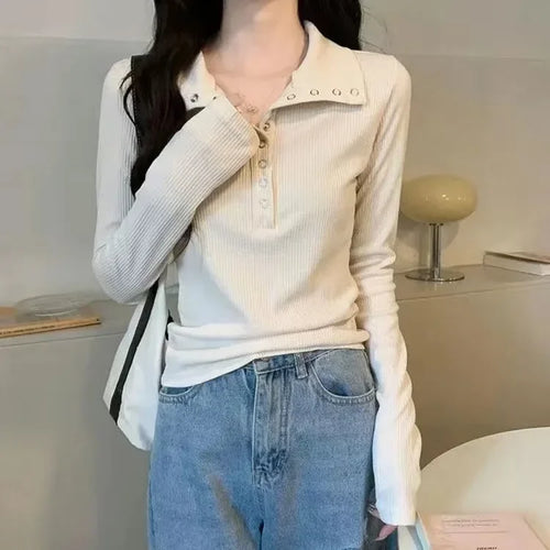 Y2K High Street Women Sweaters New Gray White Button Up Bottoming