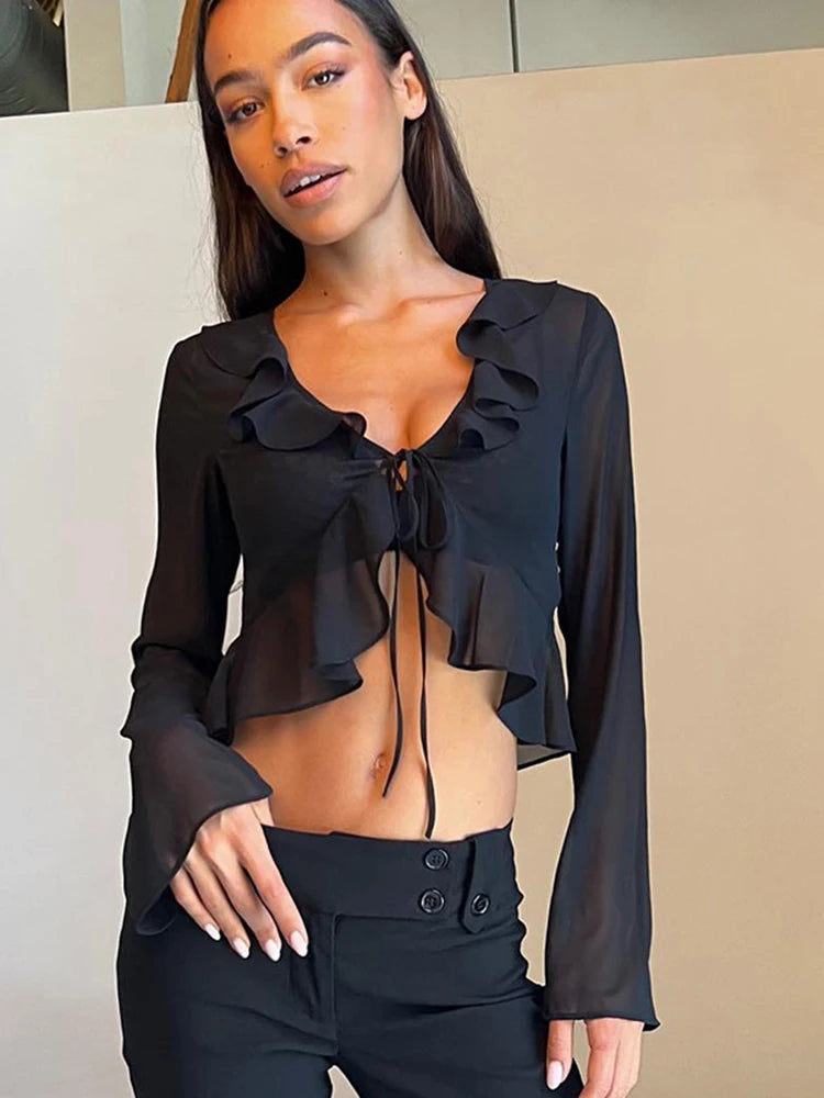 Hugcitar 2025 Women Fungus Lace Solid See Through Silk Flare Sleeve V