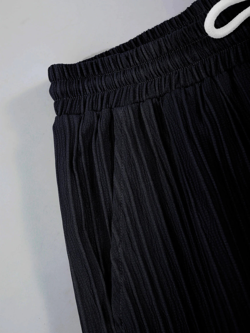 Men's Black Pleated Texture Cuban Collar Shirt + Drawstring Shorts Set