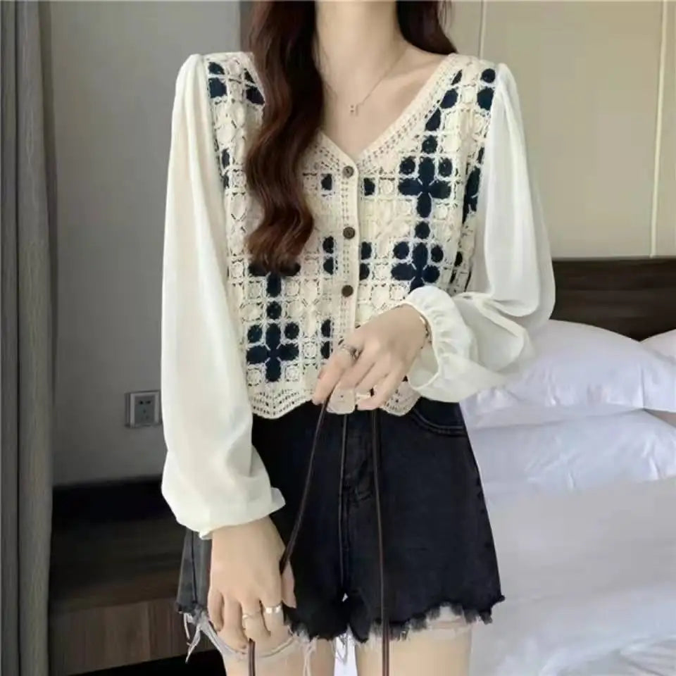 Women's Crochet Blouse with Chiffon Sleeve Button Front Crop Tops