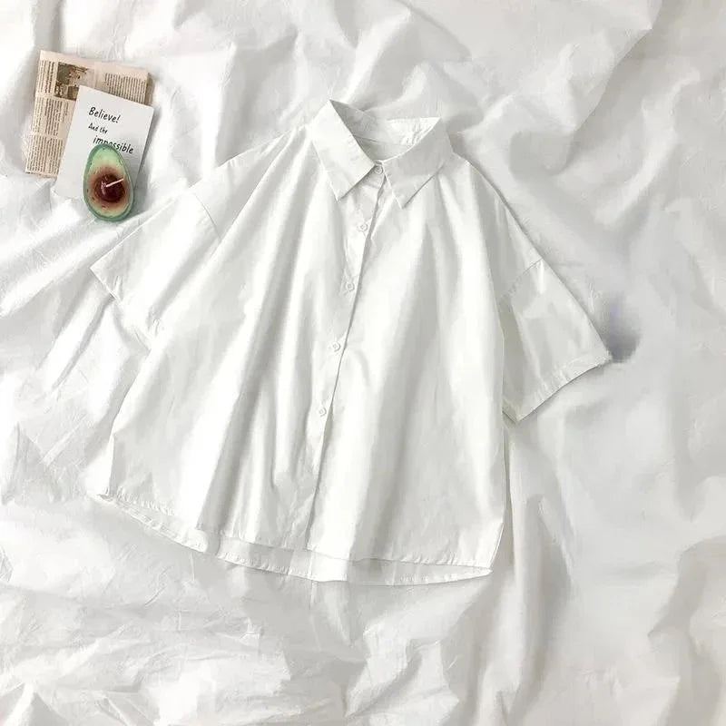 White Shirt Women Blusas Short Sleeve Lapel Blouse with Tie Japanese
