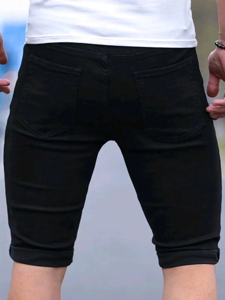 Summer Men's Retro High Waist Denim Shorts Hole-Punched Straight Leg