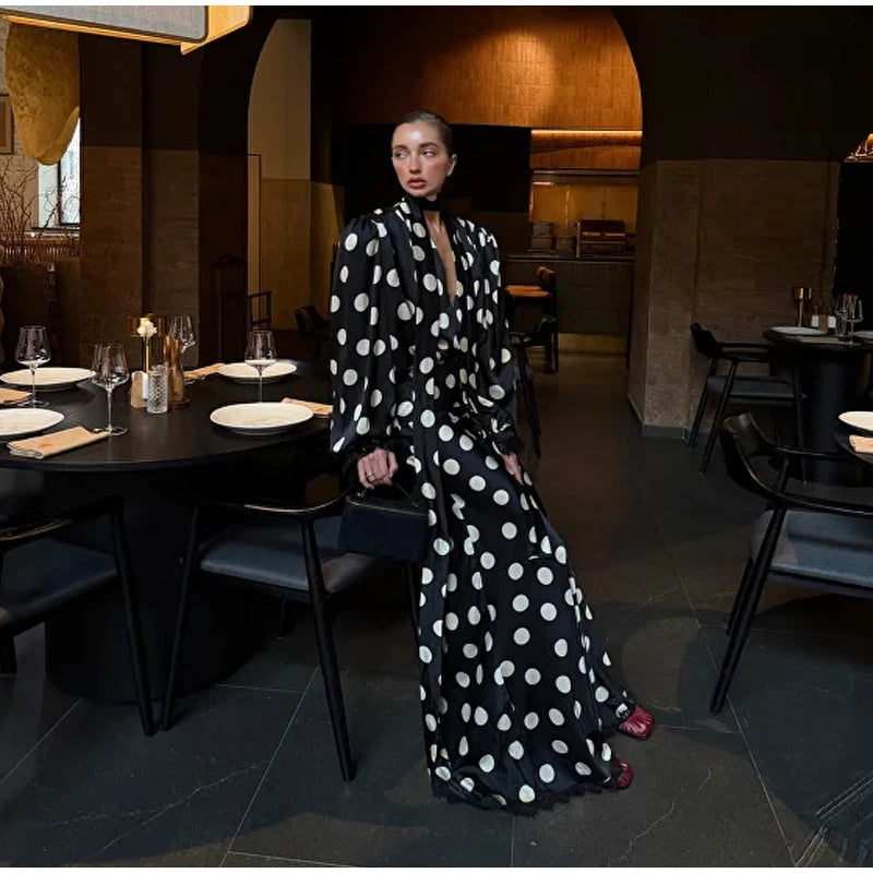 Black Polka Dot V Neck Shirt Skirt 2 Piece Set Women Elegant Long