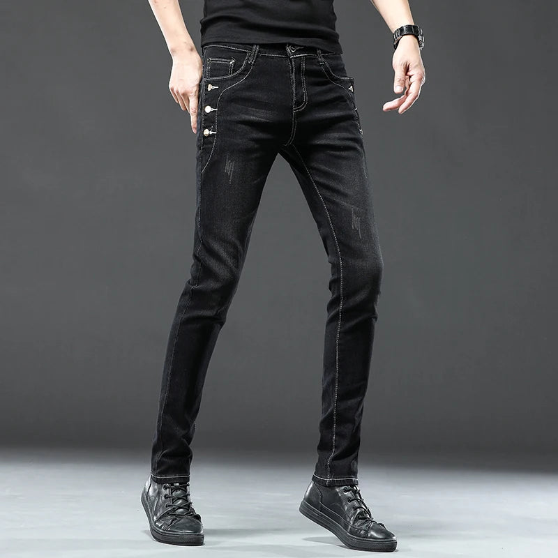 New Men's Multi-button Skinny Jeans Gray Black Stretch Straight