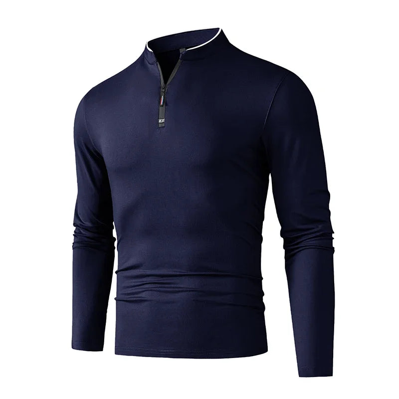 2025 New Men's Casual Fashion Zipper Solid Color Long Sleeved Polo