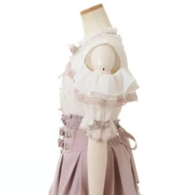 Summer Japanese Sweet Lolita Blouses Women Elegant Love Heart Bow Off