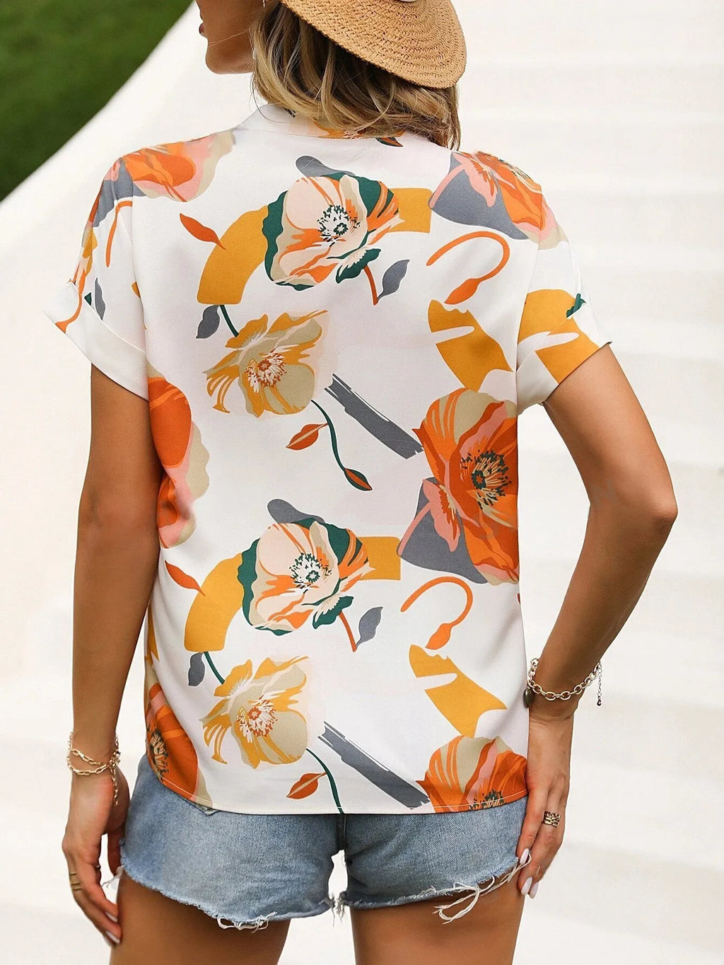 Women Flora Print Notched Neck Batwing Sleeve Blouse Ladies Tops