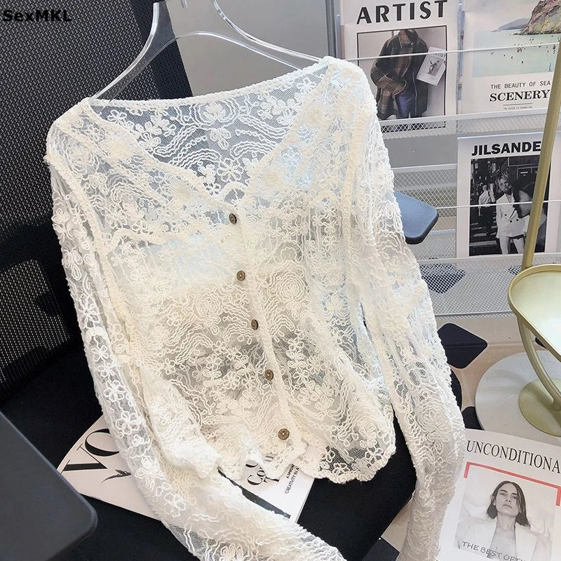Vintage Summer Lace Sun Shirts Women White Blouses 2026 See Through