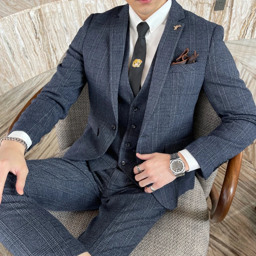 British Korean Style High Quality Modified Plaid Three-Piece Suit for