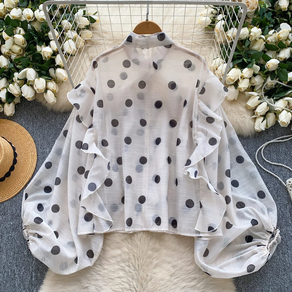 Women Butterfly Bow Lace-up Vintage Lantern Long Sleeve Top Slim