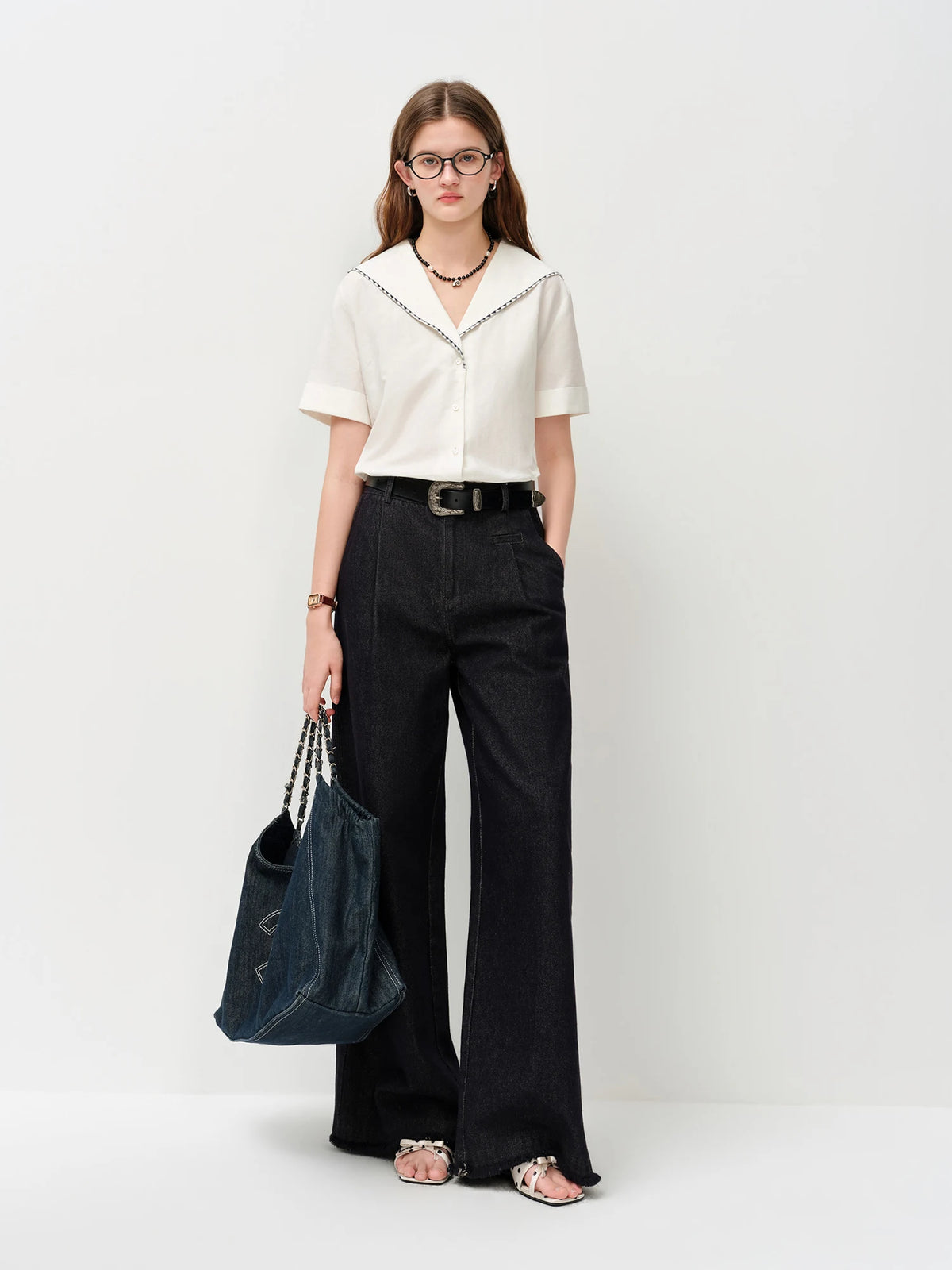 FSLE 2026 Summer Women's Sailor Collar Shell Embroidered Short Sleeve