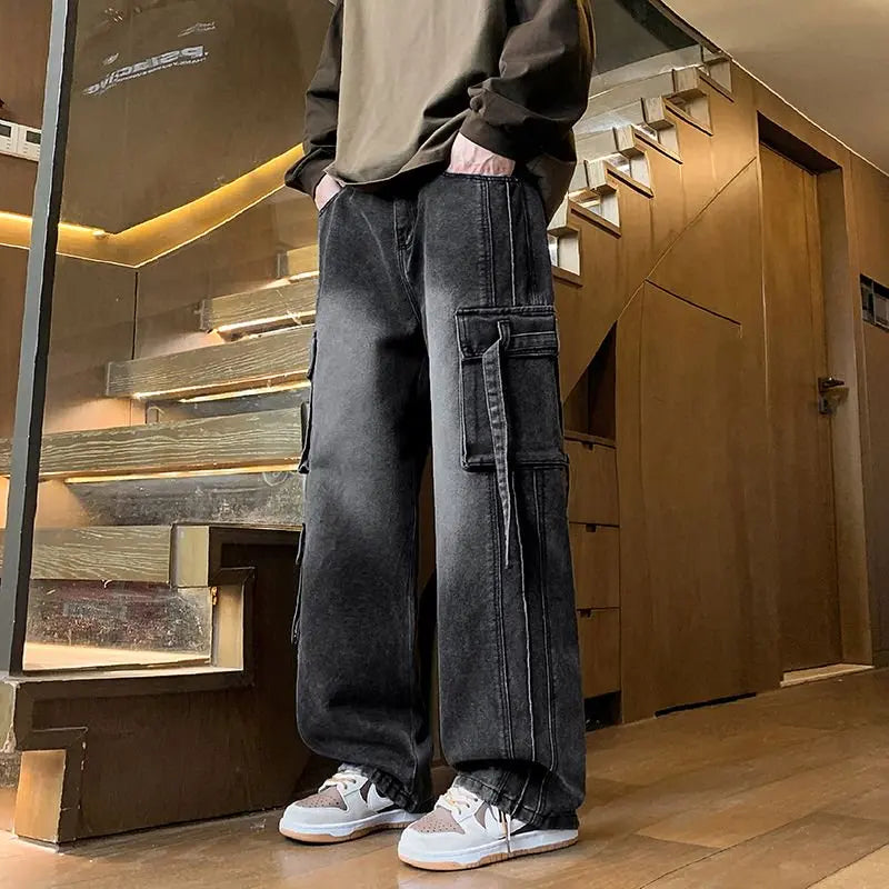 Autumn New Men's Loose Jeans Multi-pocket Work-wearing Jeans Street