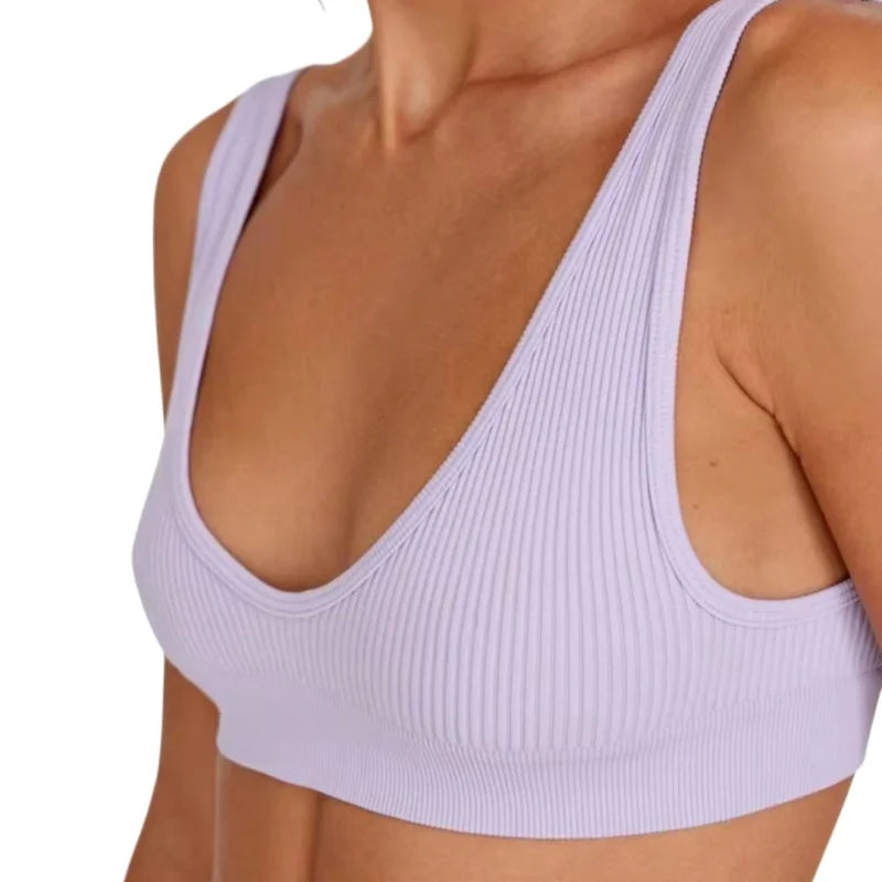 Women Seamless Bra Ribbed Sports Deep-U Shape Bralette Non-wire