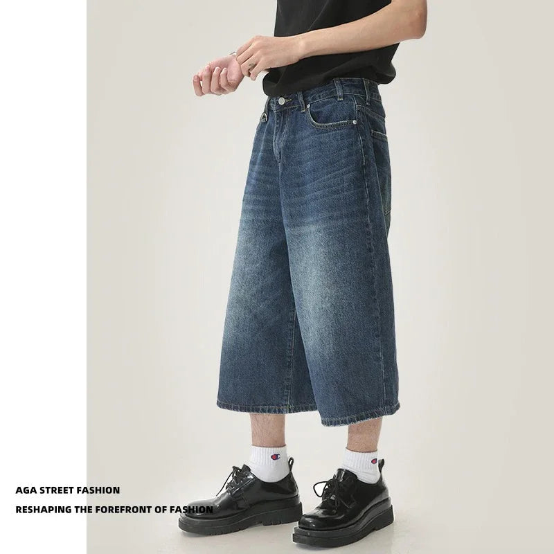 Summer Men Capri Short Jeans Male Fashion Retro Blue Denim Mid Pants