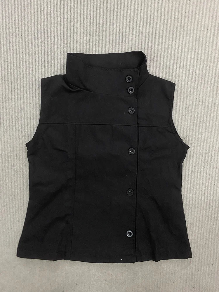 Summer Black Women's Casual Vest Stand Collar Sleeveless Diagonal