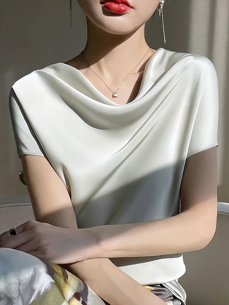 Luxury Elegant Summer Satin Silk Blouse Women Short Sleeve Casual