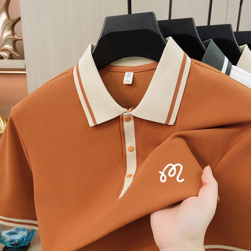 New High End Men's Brand Lapel Polo Shirt Summer Exquisite Print Short