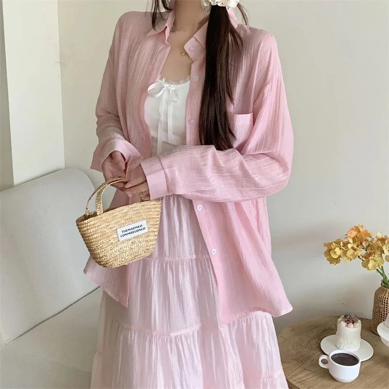 Women's Summer Sun Protection Shirts Casual Loose with Pocket Chiffon
