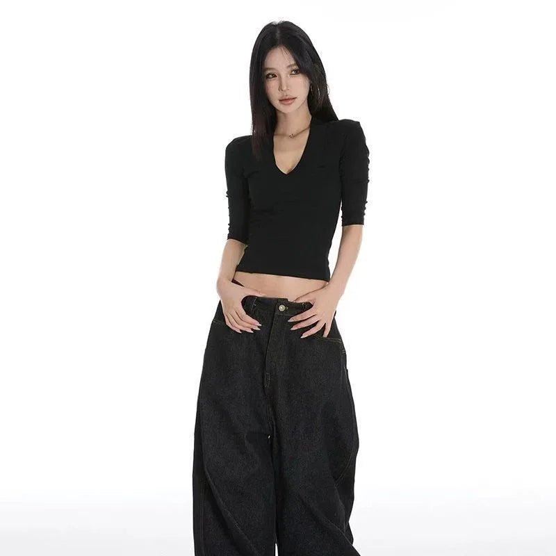 Women's Y2K Black V-Neck Drop Shoulder Short Sleeve Crop T-Shirt
