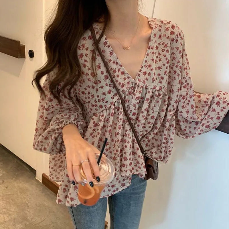 V-neck Chiffon Shirt Women Sweet Tops Blouse 2025 Spring Korean Floral