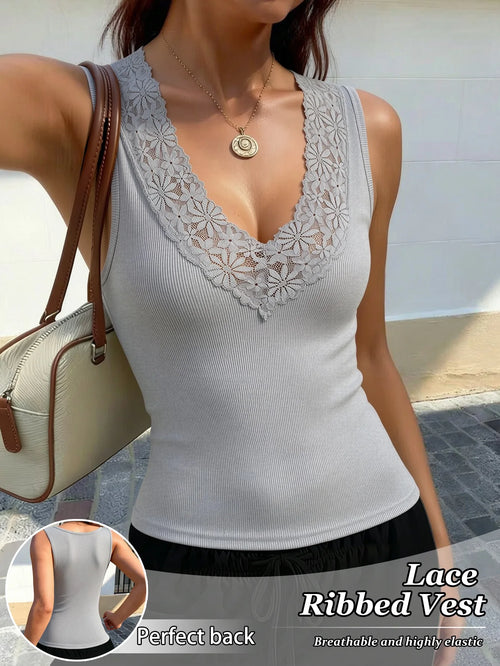 Women Lace V Neck Ribbed Tank Top Sleeveless Solid Color Casual Vest
