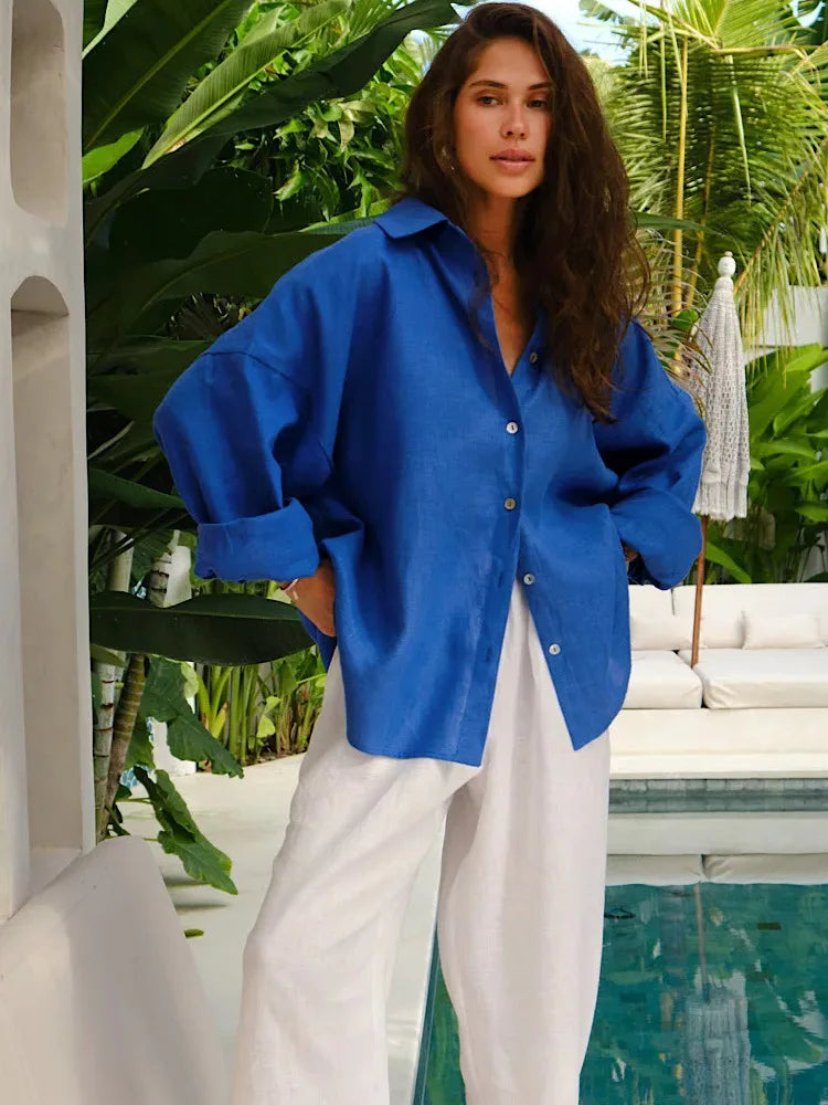 Spring Women's Linen Shirts Long Sleeve White Lapel Casual Solid