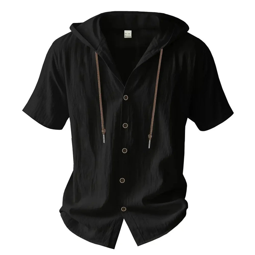 Cotton Linen Shirt for Men Hooded Short Sleeve Solid Color Breathable