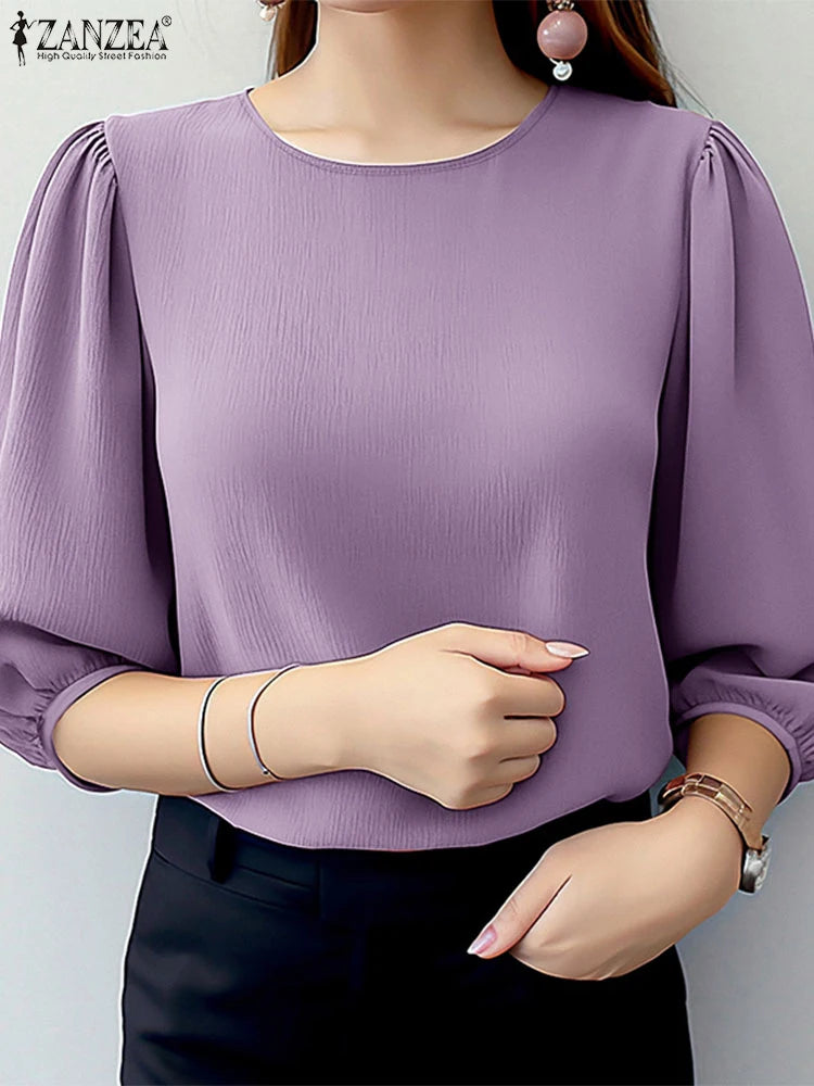 ZANZEA Elegant Women Puff Sleeve Blouses 2025 Summer 3/4 Sleeve O Neck