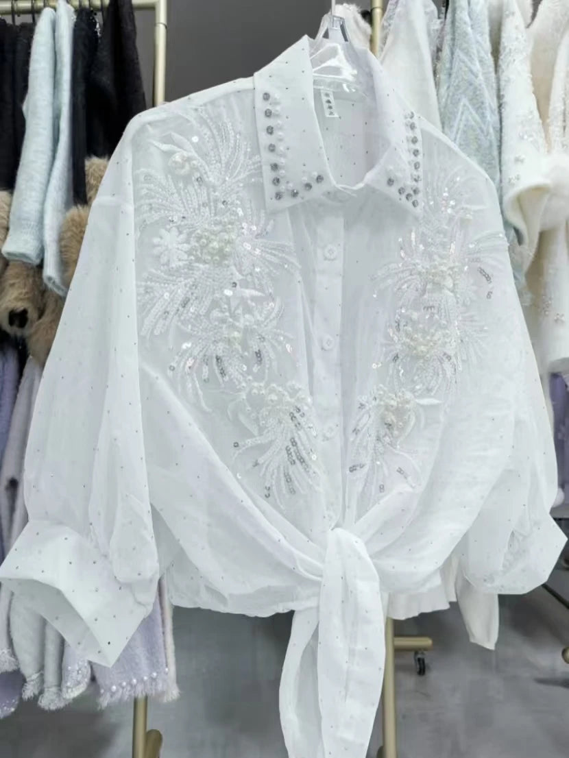 Luxury Diamonds Sequined Sunscreen Blouses Shirts Women 2026 Spring