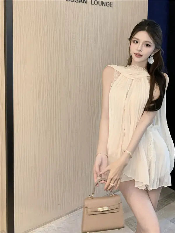Chiffon Shirt Lace Patchwork Ribbon Hanging Neck Top Women 2025 Summer
