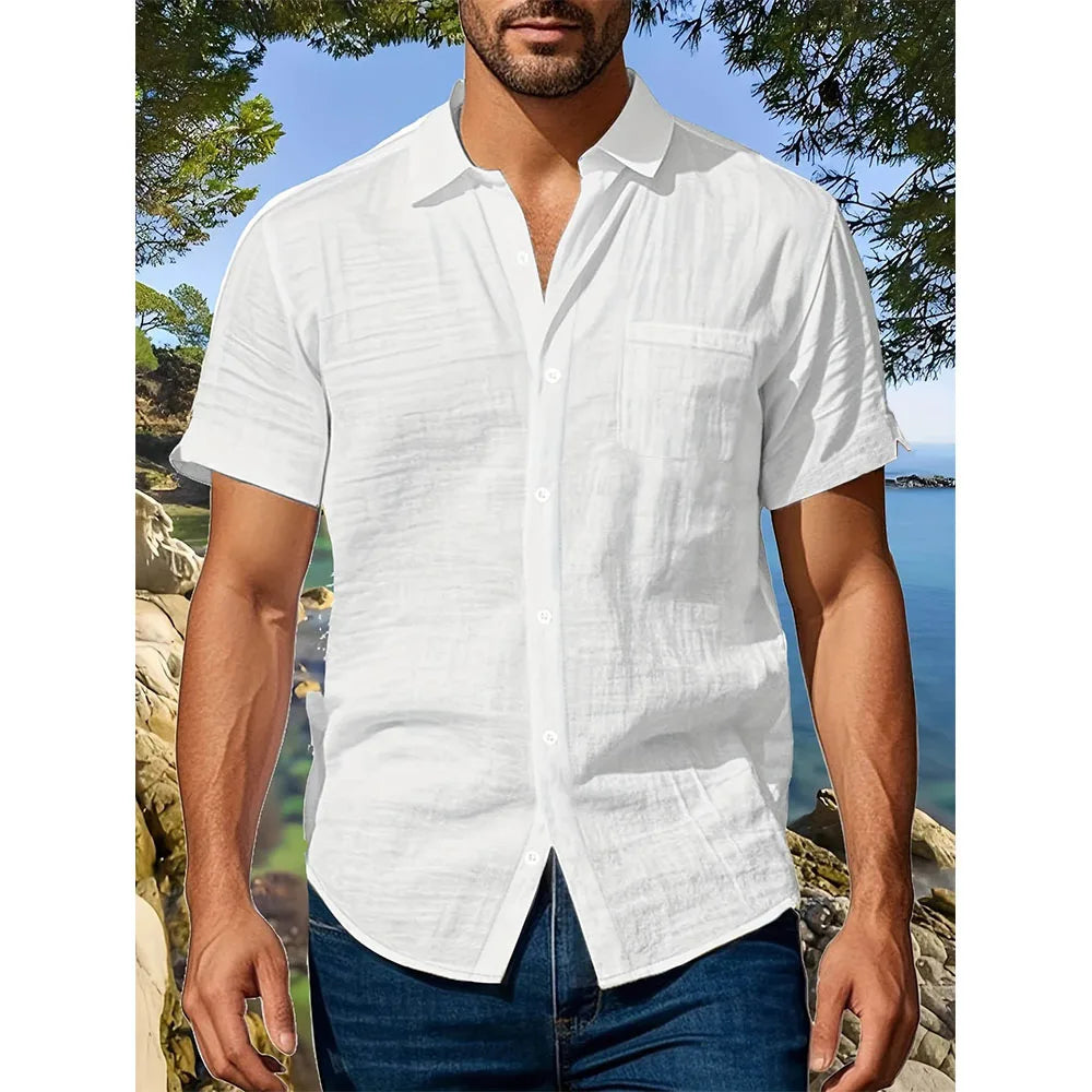 Summer New Men's Short Sleeve Shirt Cotton Linen Lightweight