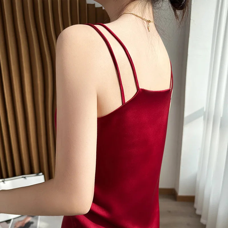 Silk Satin Women Double Shoulder Camisole Tank Top V-neck Sleeveless