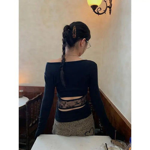 Tonngirls Vintage Print T Shirt Women Hollow Out Patchwork Y2k