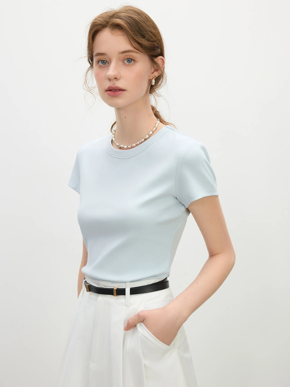 FSLE MInimalism Style Pink Straight Shoulder Short-sleeved T-shirt for