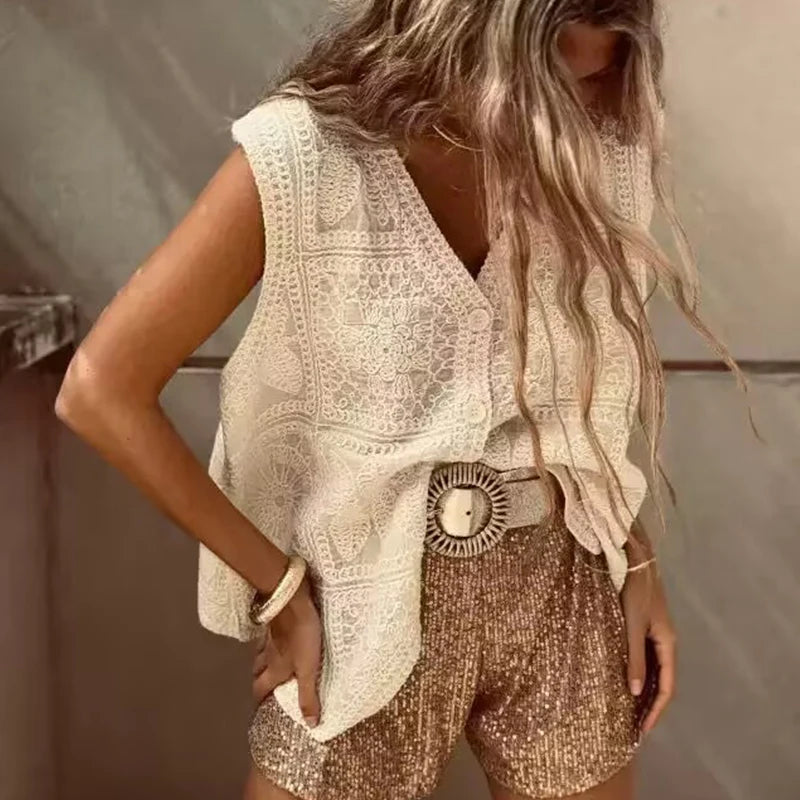 Summer New Casual Vacation Loose Button Tops Chic Texture Hollow Out