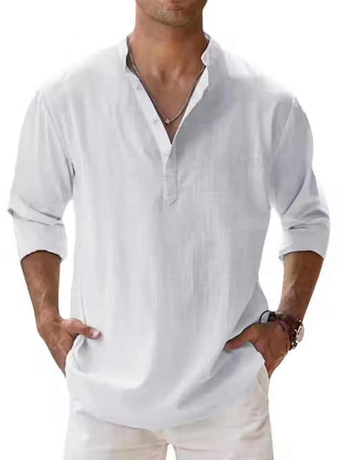 Men's Linen Blend Henley Neck Long Sleeve Shirt, Breathable Partial