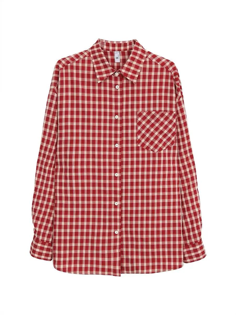 2026 Y2k Autumn Women New Vintage Red Plaid Turn-down Collar