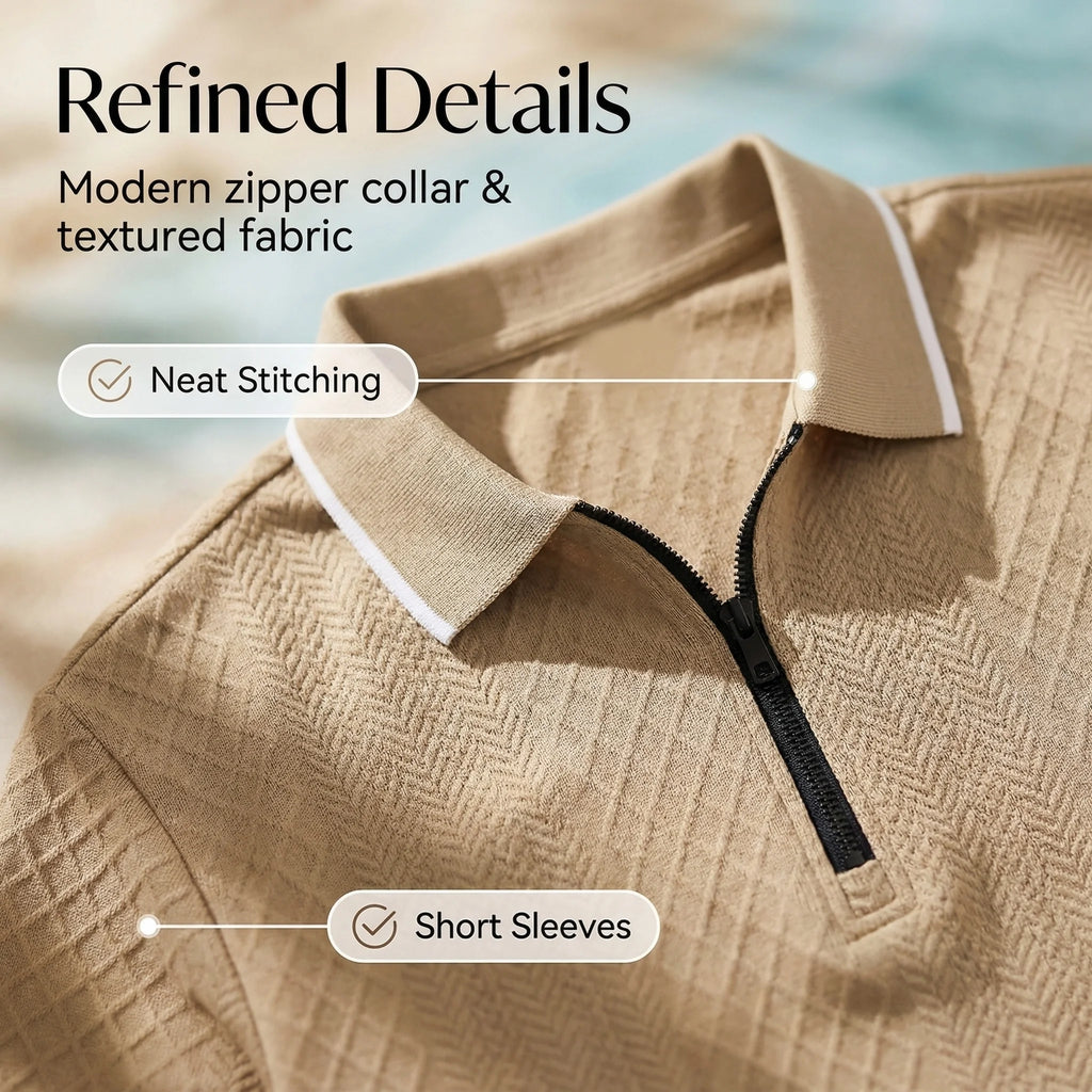 Summer Men's Casual Business Short Sleeve 9-Color Jacquard 1/4 Zip