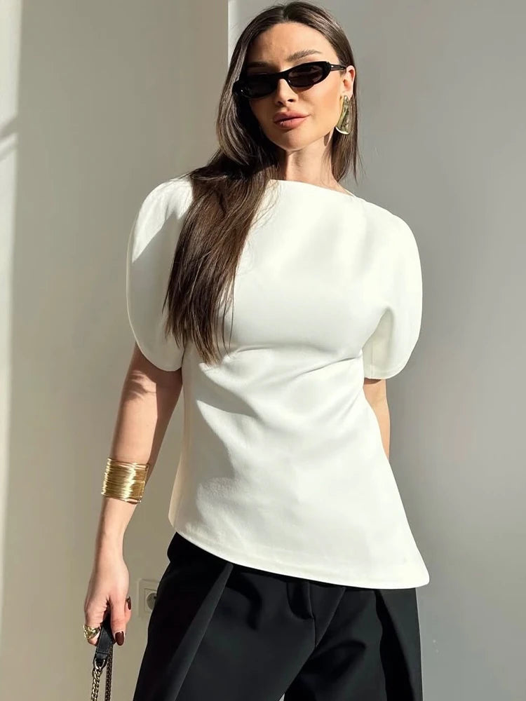 SLTNX Women's Elegant Vintage Short Puff Sleeve O-Neck Asymmetrical