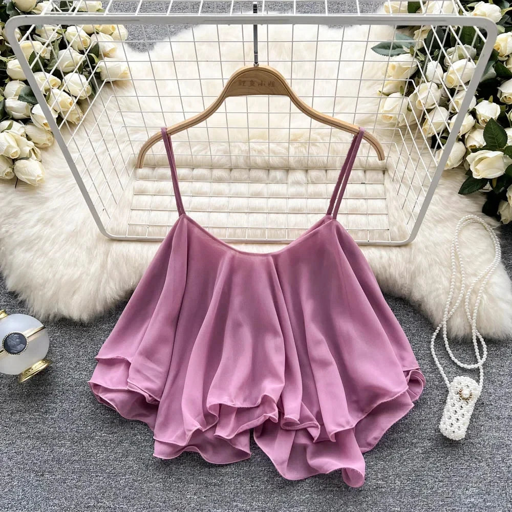New Summer Spaghetti Straps Ruffle Sleeveless Tanks and Camis Korean