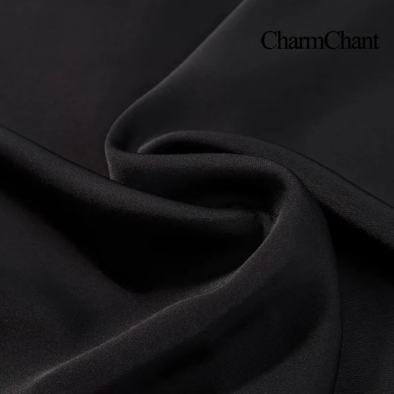 CharmChant Black Satin Asymmetrical Lace Long-Sleeve Shirt for Women