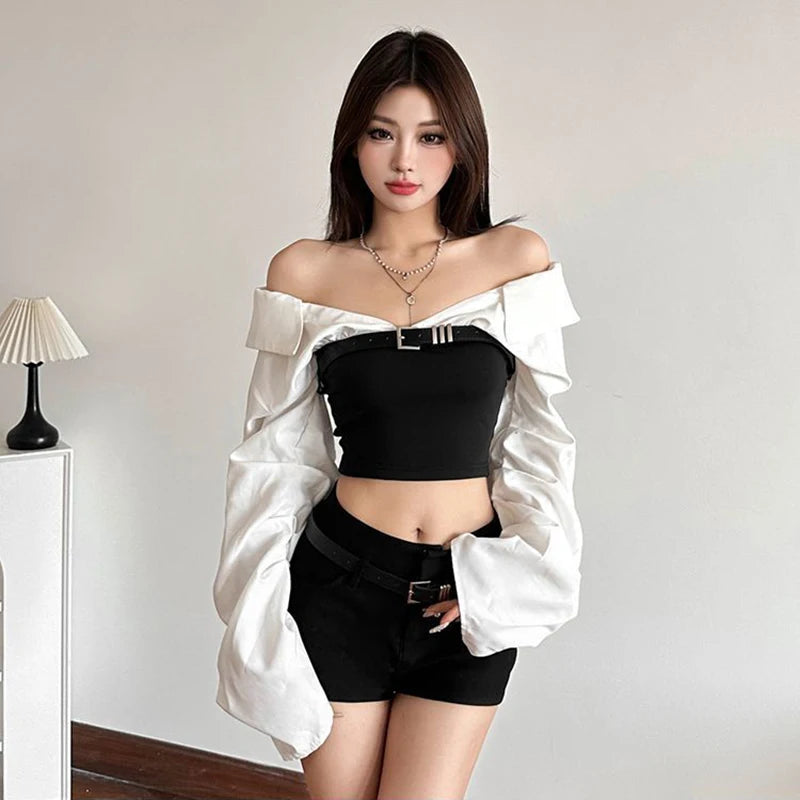 Y2K Slash Neck Shirts Women Streetwear Cropped Patchwork Long Sleeve