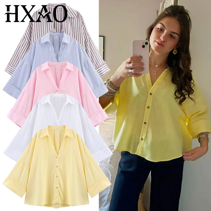 HXAO Women's Shirt Oversized Blouse Summer Shirt & Blouse Yellow Pink