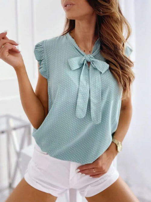 Women Summer Elegant Ruffles Sleeveless Polka Pot Lace Up Tie Bow