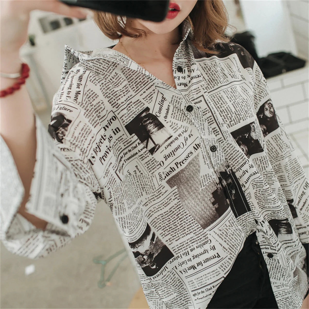 Trendy Shirt Blouse Simple Thin Newspaper Print Shirt Summer Loose