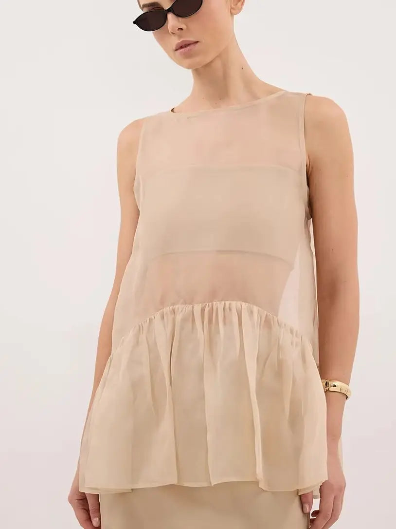 LIMO Sheer Mesh Sleeveless Top Women Ruffle Hem Flowy See-Through