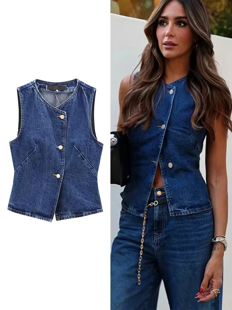 2026 Women's Short Vest Autumn Fashion Blue Denim Vest Top Lady Casual