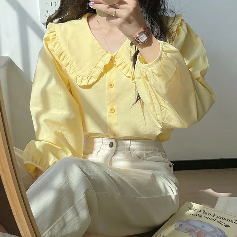 Solid Simple Blouse for Women Korean Chic Trendy Single-Breasted
