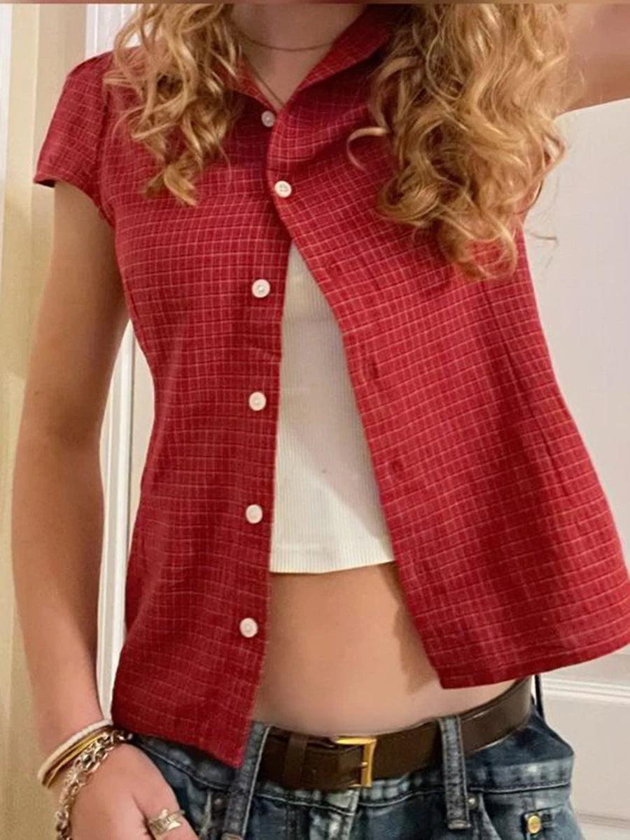 Red Plaid Slim T-Shirt Blouse Woman Summer Peter pan Collar Single
