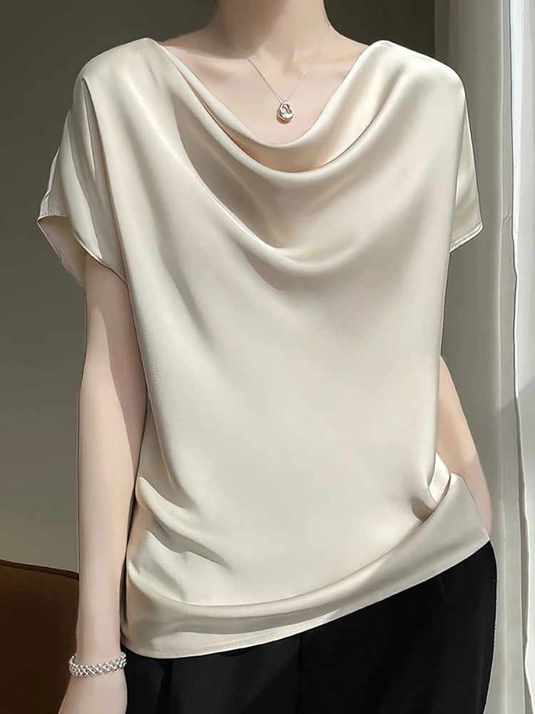 Luxury Elegant Summer Satin Silk Blouse Women Short Sleeve Casual
